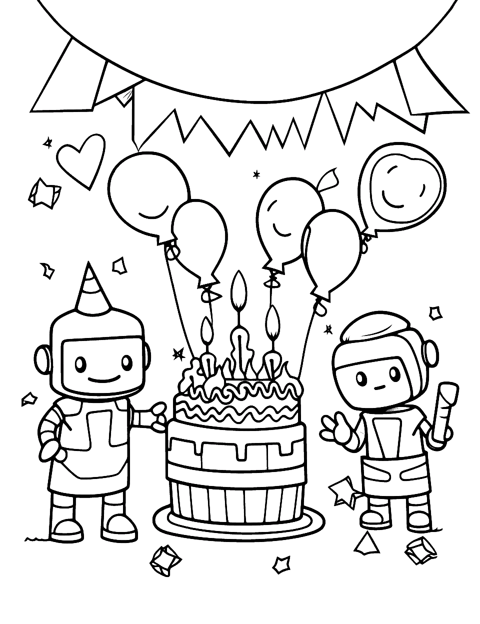 Robot's Futuristic Birthday Happy Coloring Page - A friendly robot enjoying a futuristic birthday party with his robot friend.