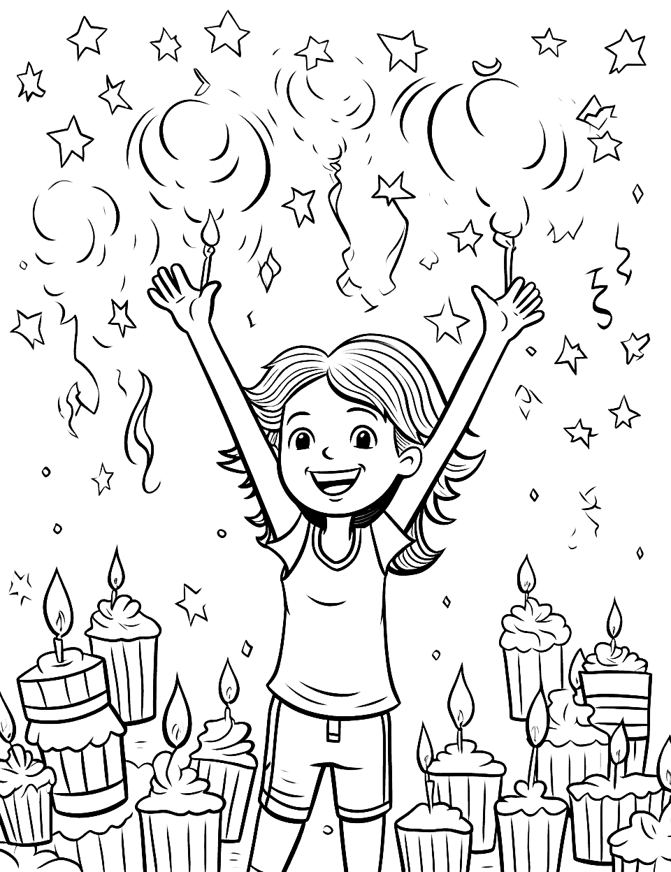 Confetti Birthday Happy Coloring Page - A girl celebrating her birthday with confetti and candles.