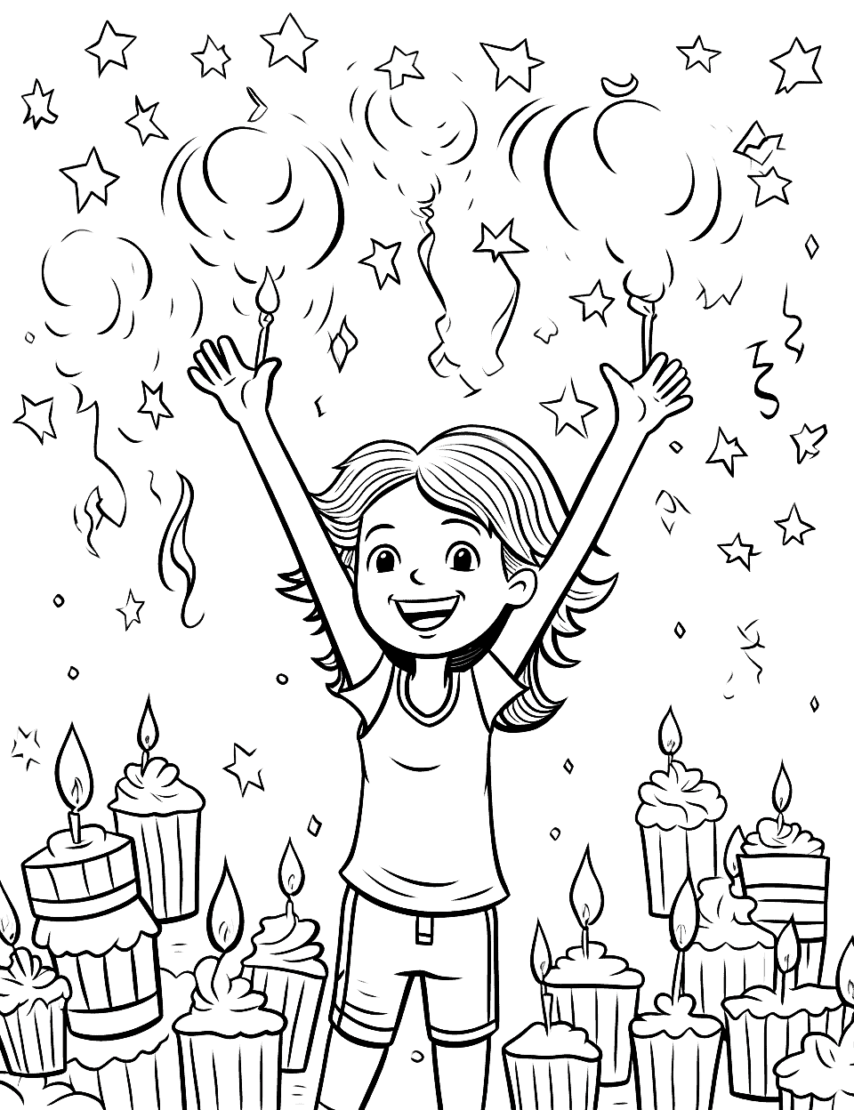 Confetti Birthday Happy Coloring Page - A girl is celebrating her birthday with confetti and candles.