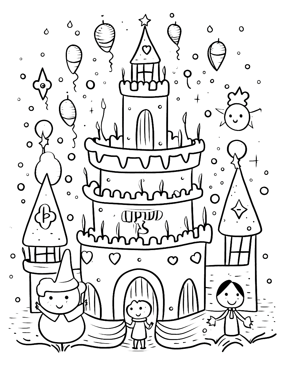 Fairy-tale Birthday Happy Coloring Page - Characters gathering for a birthday celebration.