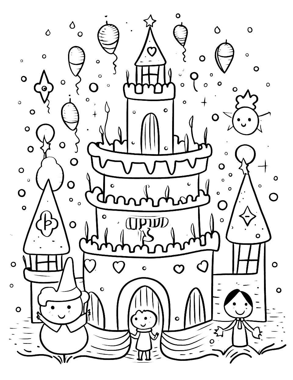 Fairy-tale Birthday Coloring Page - Characters gathering for a birthday celebration.