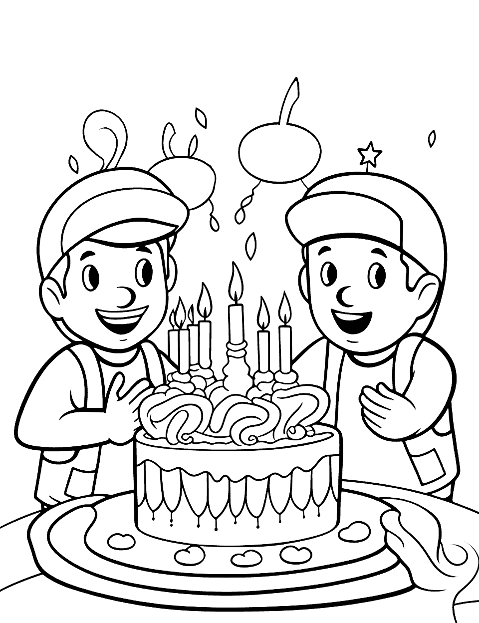 Super Mario Brothers Birthday Happy Coloring Page - Realistic Mario and Luigi blowing out candles on a power-up cake.