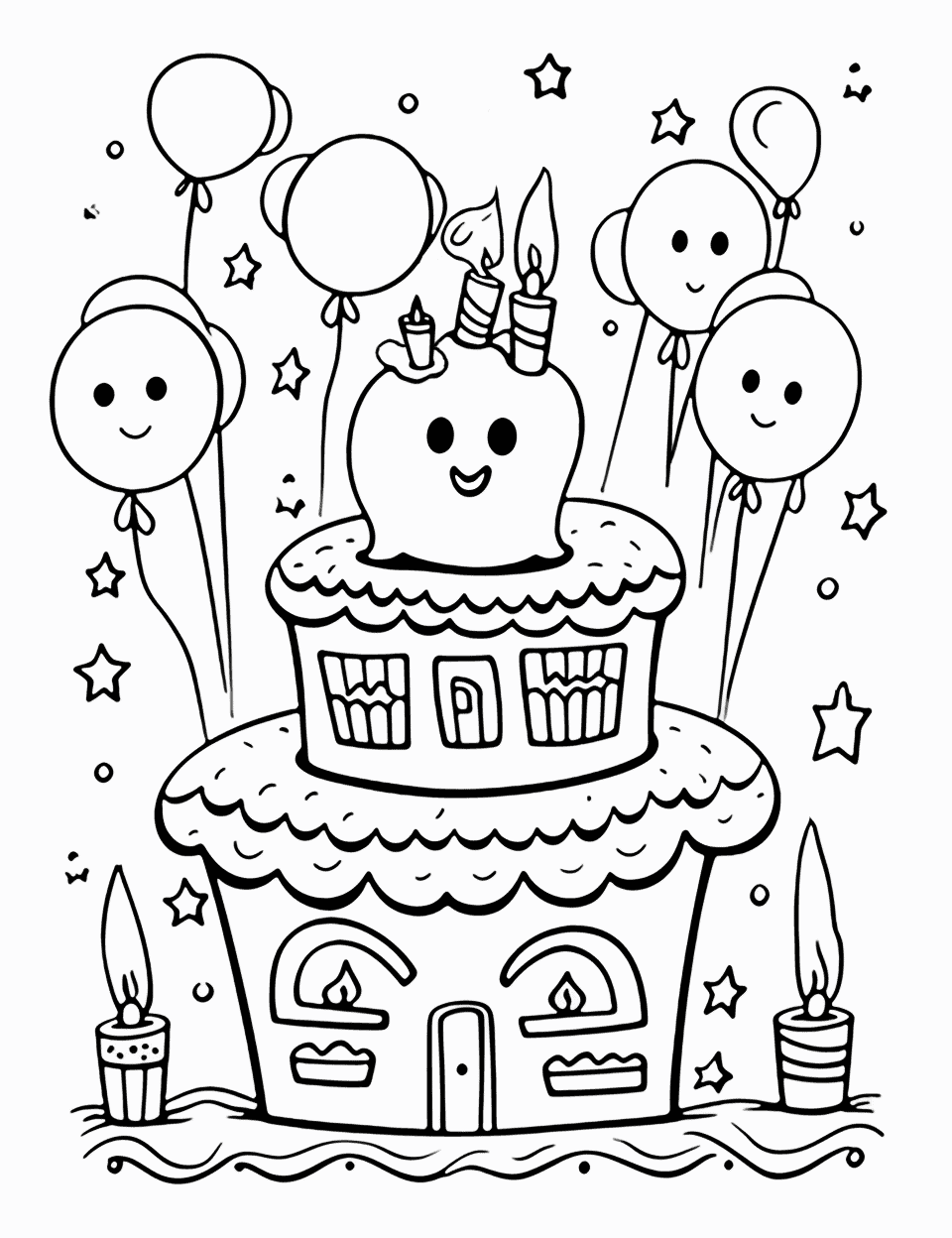 Spooky Ghost's Birthday Happy Coloring Page - A friendly ghost celebrating its birthday in a haunted house.