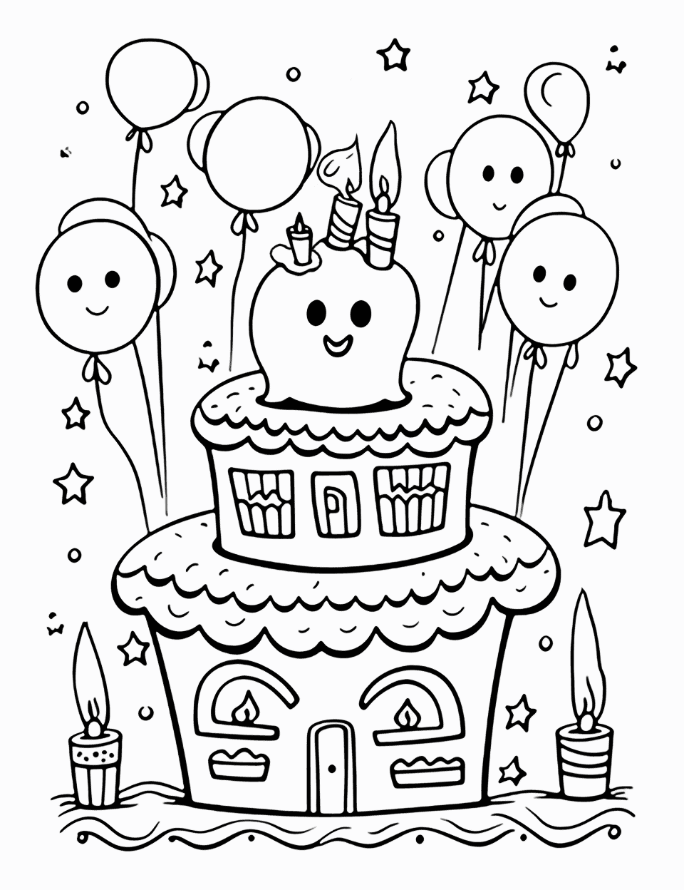 Spooky Ghost's Birthday Happy Coloring Page - A friendly ghost is celebrating its birthday in a haunted house.