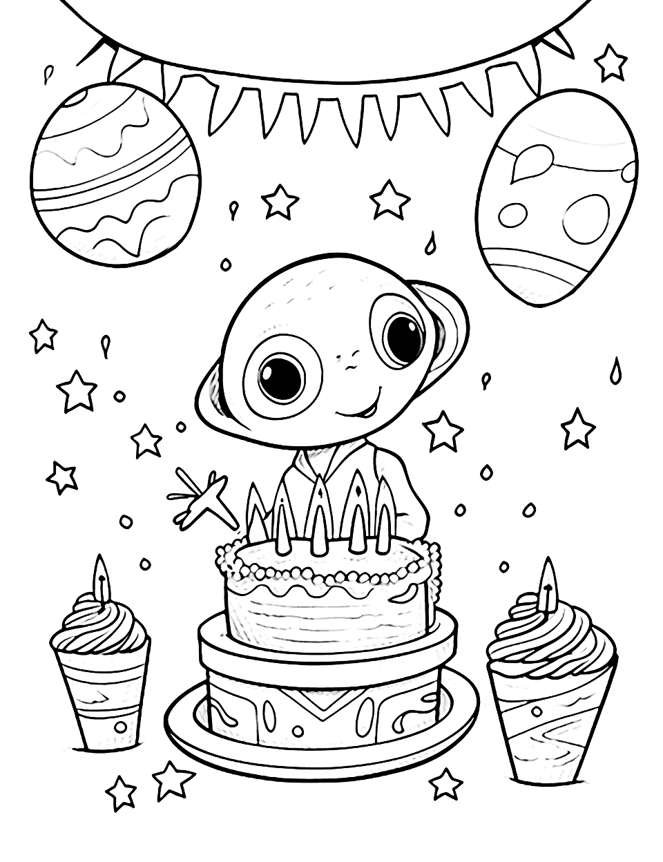 Alien's Space Birthday Happy Coloring Page - An alien having a birthday party on its spaceship.