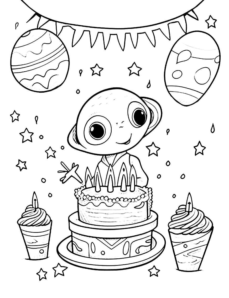 Alien's Space Birthday Coloring Page - An alien having a birthday party on its spaceship.