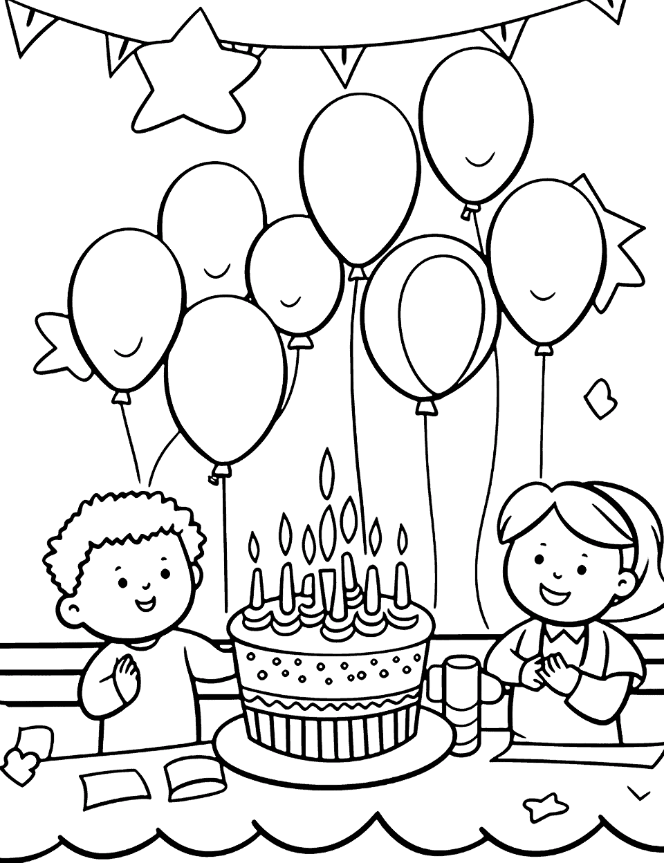 Easy Birthday Party Scene Happy Coloring Page - A simple drawing of a birthday party scene – a cake, a few balloons, and a birthday banner.