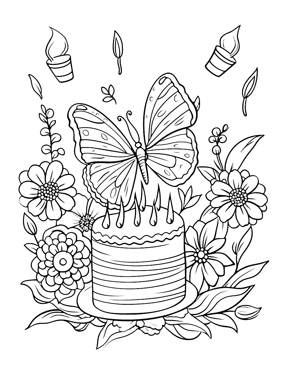 Butterfly's Birthday in the Garden Happy Coloring Page - A butterfly celebrating its birthday among the flowers.