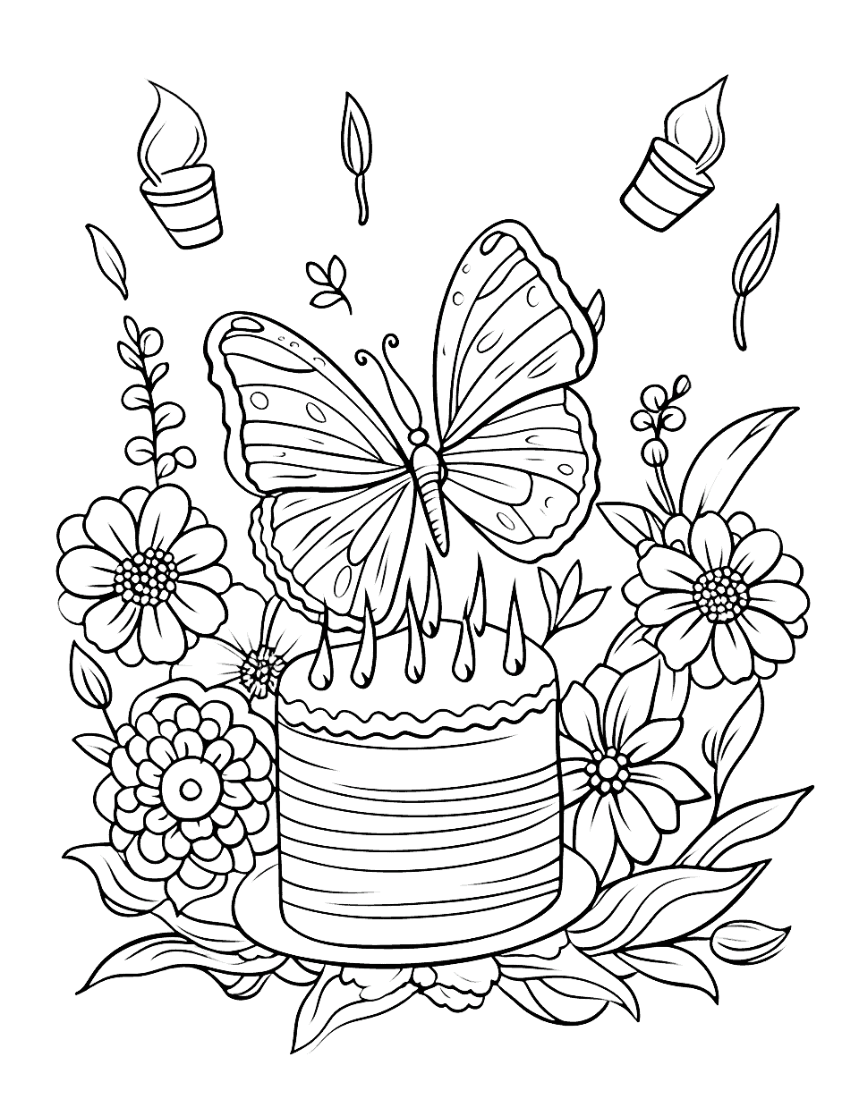 Butterfly's Birthday in the Garden Happy Coloring Page - A butterfly is celebrating its birthday among the flowers.