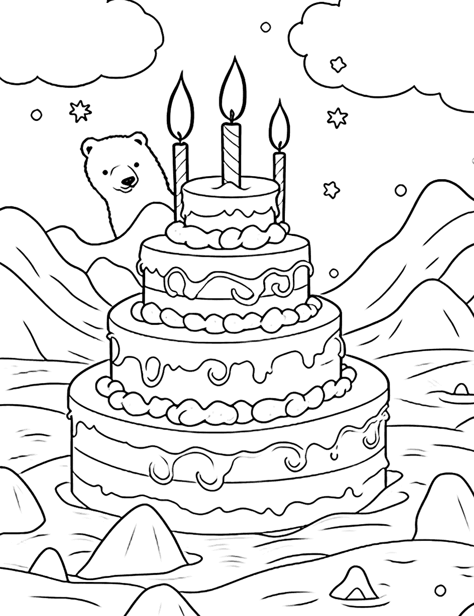 Polar Bear's Iceberg Birthday Happy Coloring Page - A polar bear celebrates its birthday on an iceberg with a giant cake.