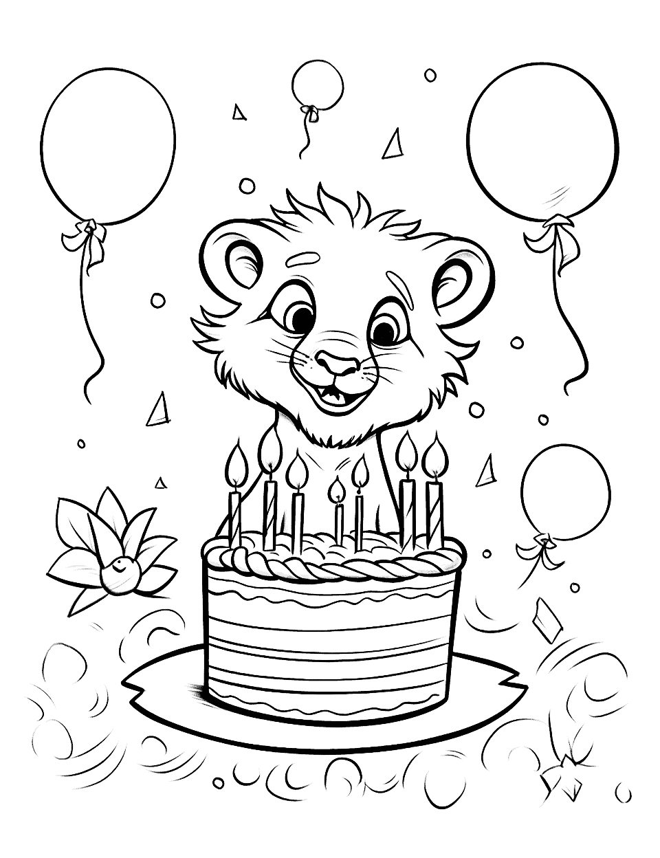 Lion King Birthday Happy Coloring Page - Simba celebrates his birthday with a cake and balloons.