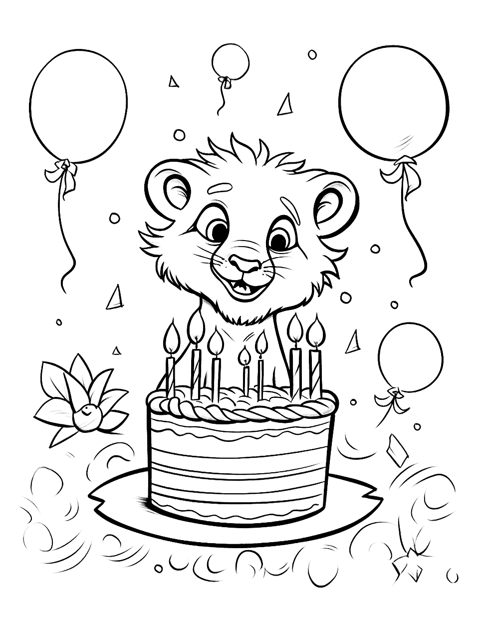 Lion King Birthday Coloring Page - Simba celebrates his birthday with a cake and balloons.