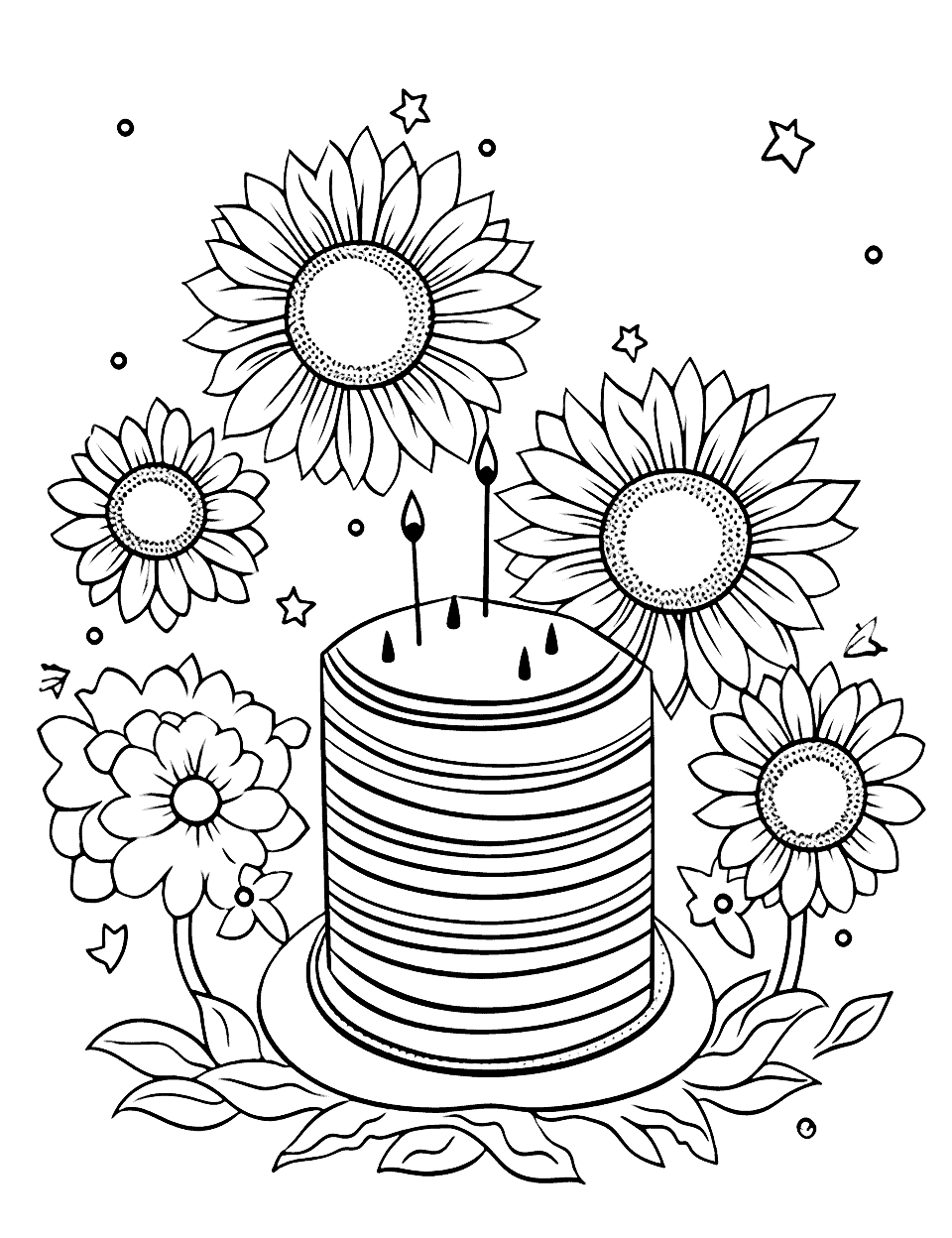 Sunflower's Sunny Birthday Happy Coloring Page - A bright sunflower surrounded by buzzing bees celebrating its birthday.