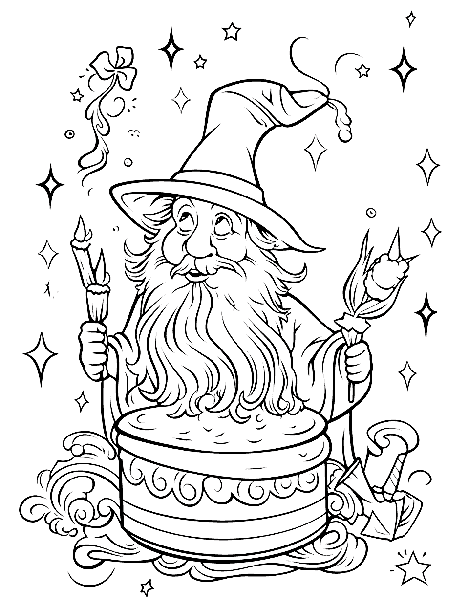 Wizard's Magic Birthday Happy Coloring Page - A wizard casting a spell to make a birthday cake appear.