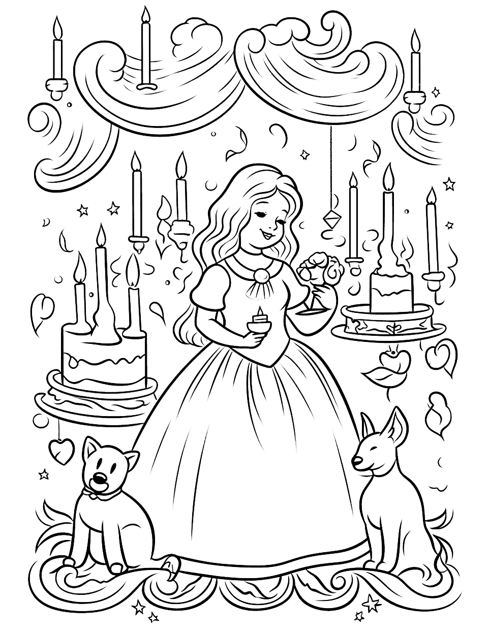 Cinderella's Midnight Birthday Happy Coloring Page - Cinderella celebrating her birthday with her animal friends before the clock strikes midnight.