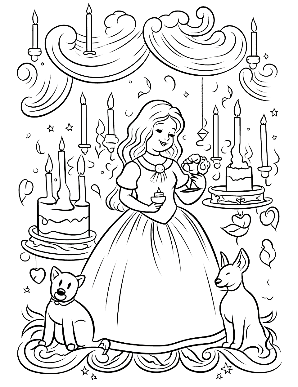 Cinderella's Midnight Birthday Coloring Page - Cinderella celebrating her birthday with her animal friends before the clock strikes midnight.