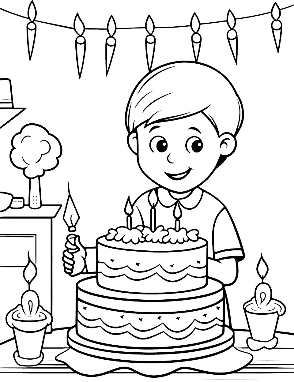 Cooking-themed Birthday Coloring Page - A budding chef baking a birthday cake in the kitchen.