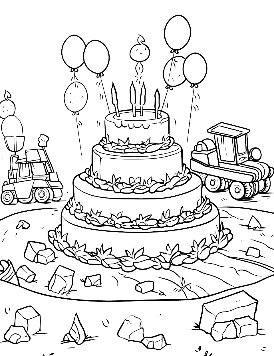 Construction Site Birthday Happy Coloring Page - Construction vehicles gathered around a mound of dirt shaped like a birthday cake.