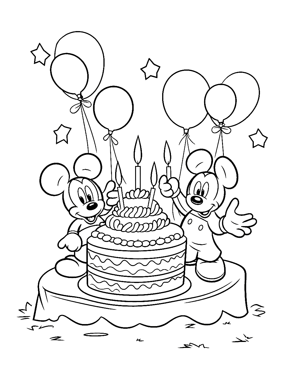 Mickey Mouse's Birthday Bash Happy Coloring Page - Mickey Mouse enjoying a birthday cake.