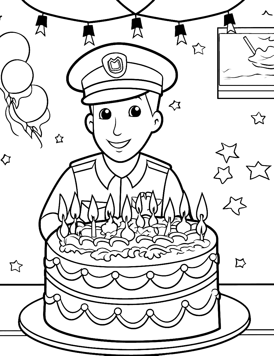 Police Officer's Birthday Patrol Happy Coloring Page - A police officer celebrating his birthday at the police station with a beautiful cake.