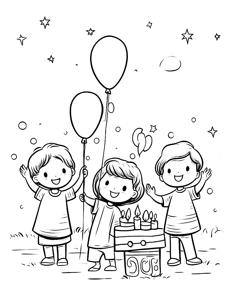 Sports Day Birthday Happy Coloring Page - A group of children celebrating a birthday while playing various sports games.