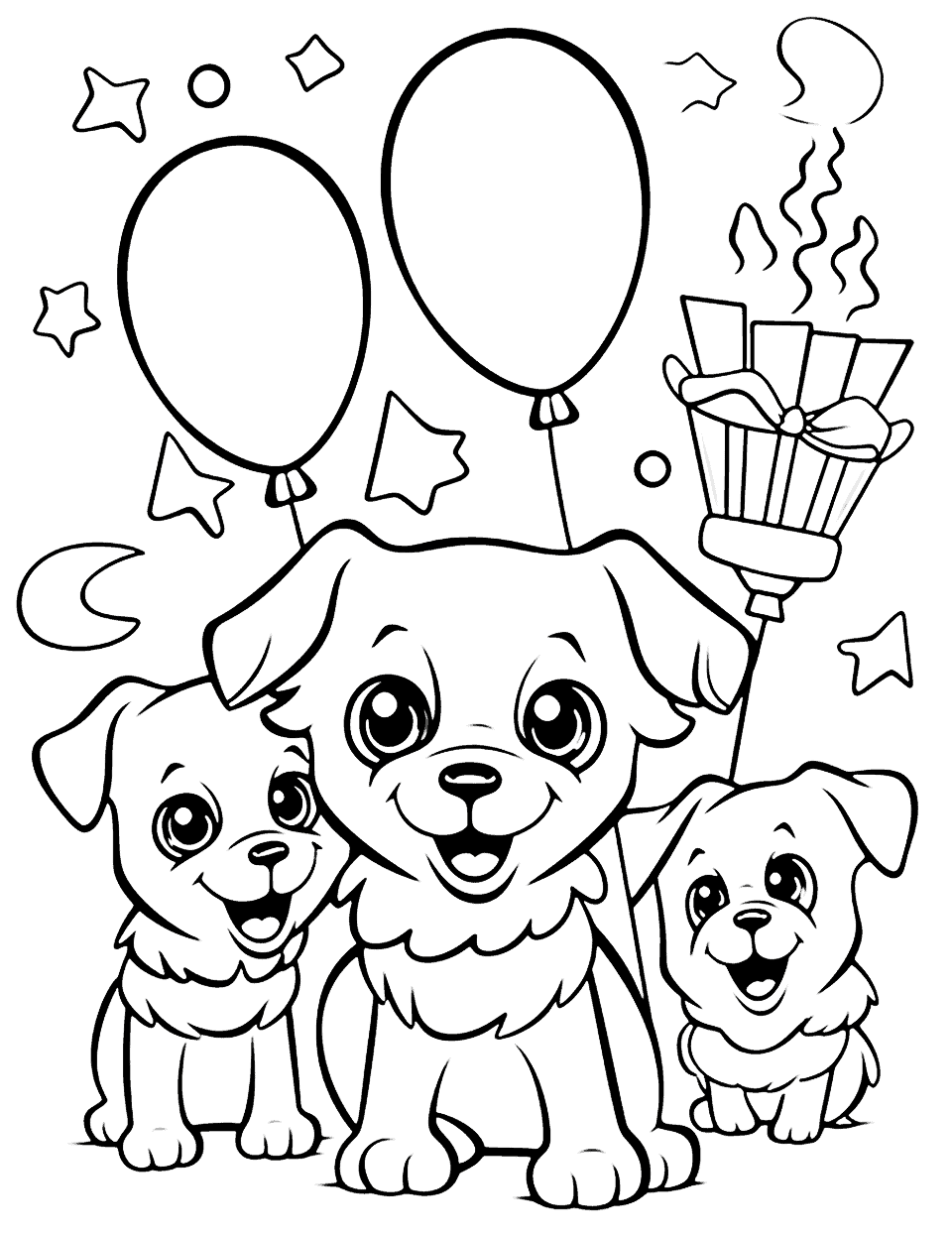 Puppy's Paw-ty Birthday Happy Coloring Page - A playful puppy celebrating its birthday with other dog friends, surrounded by balloons.