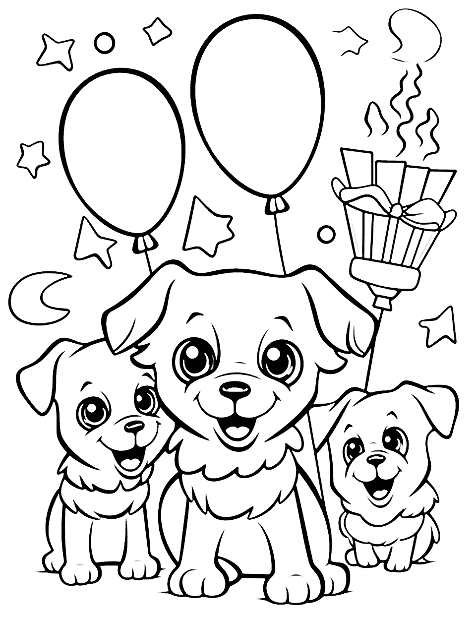 Puppy's Paw-ty Birthday Coloring Page - A playful puppy celebrating its birthday with other dog friends, surrounded by balloons.