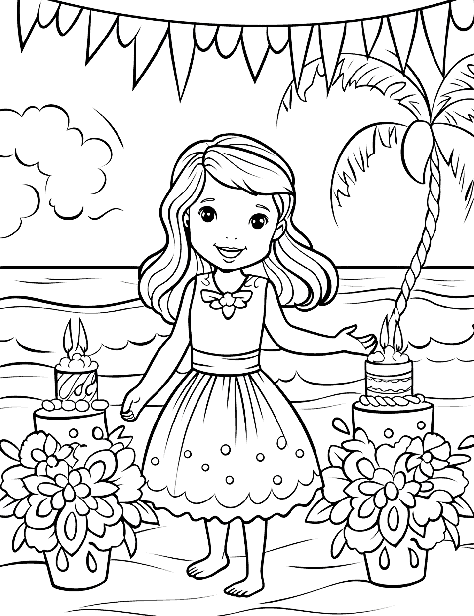 Hawaiian Luau Birthday Happy Coloring Page - A hula girl celebrating her birthday on the beach with a luau party.