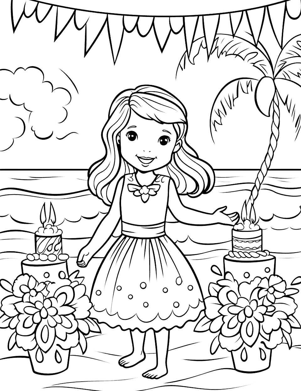 Hawaiian Luau Birthday Happy Coloring Page - A hula girl is celebrating her birthday on the beach with a luau party.