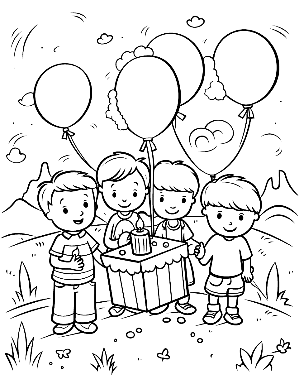 Outdoor Birthday Happy Coloring Page - A group of kids celebrating a birthday party outside at the park.