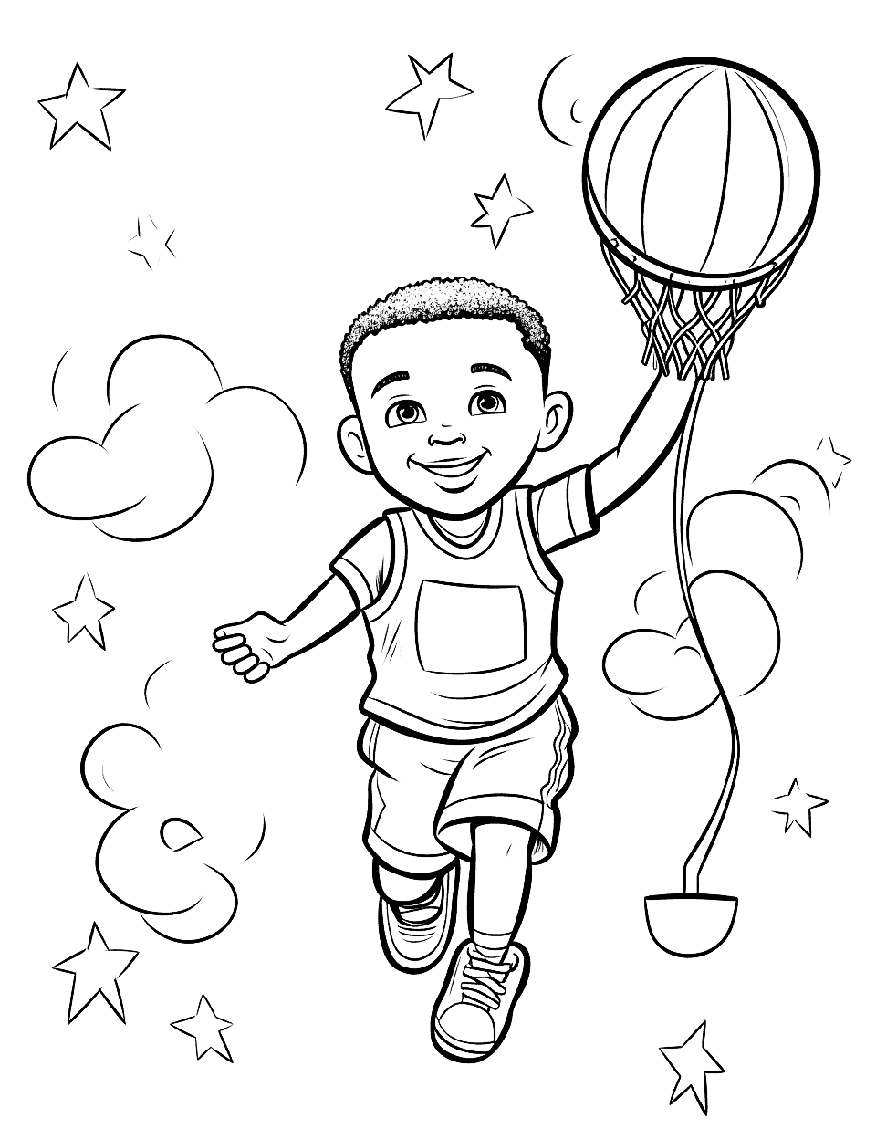 Basketball Star's Birthday Coloring Page - A young basketball player scoring a birthday slam dunk.