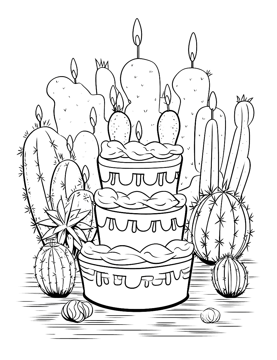 Desert Cactus Birthday Coloring Page - A group of cute cacti celebrating a birthday party in the desert.