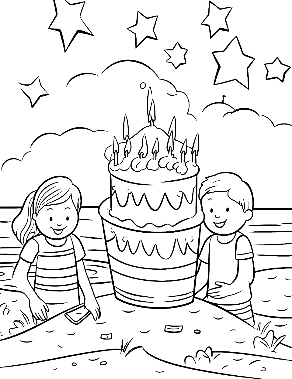 Sandcastle Birthday Happy Coloring Page - Kids building a gigantic sandcastle cake at the beach.