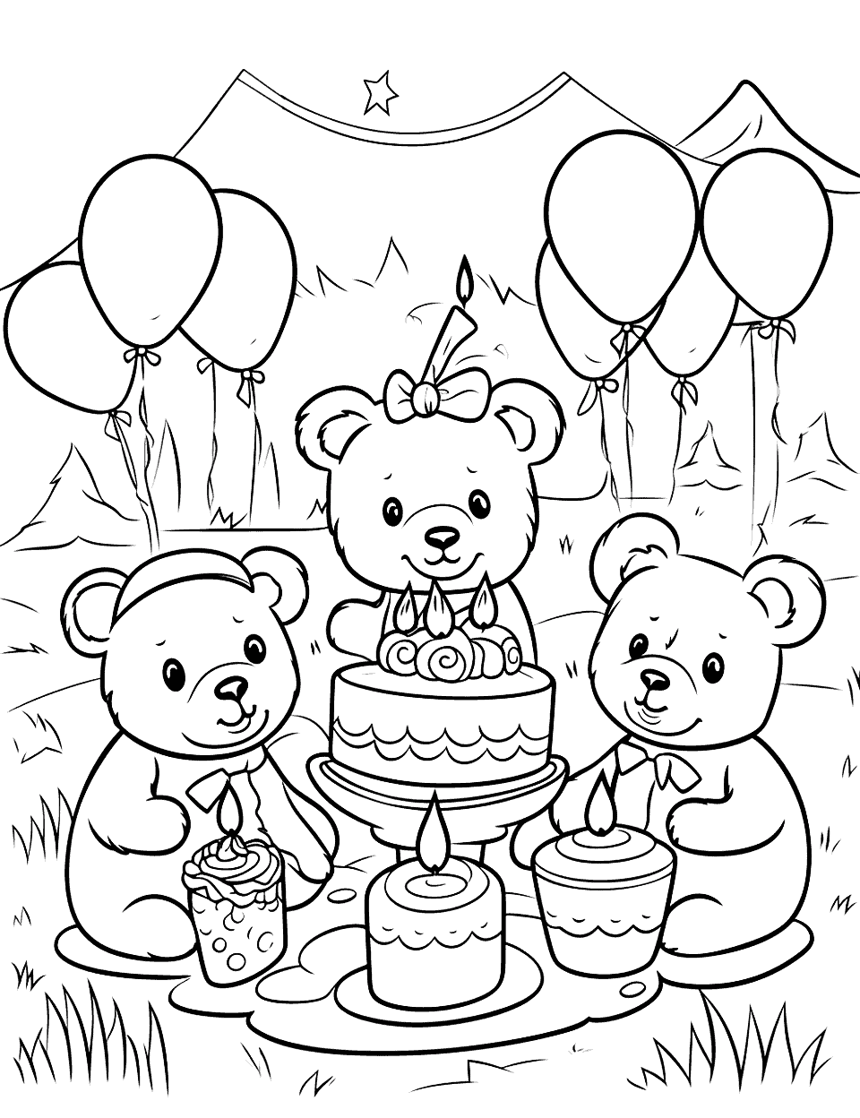 Teddy Bear's Picnic Birthday Happy Coloring Page - A group of teddy bears are having a birthday picnic in the woods.