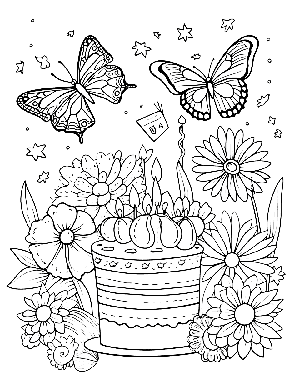 Botanical Garden Birthday Coloring Page - Butterflies and bees celebrating a birthday among colorful flowers in a botanical garden.