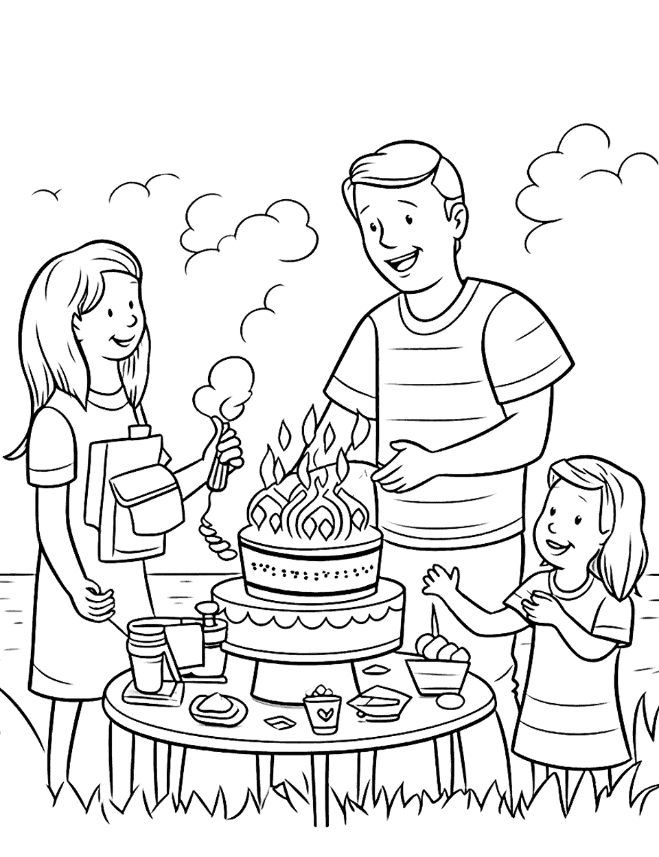 Dad's Birthday BBQ Happy Coloring Page - Dad at the grill, with kids handing him birthday presents.