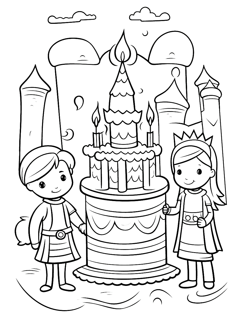 Medieval Castle Birthday Coloring Page - A knight and a princess celebrating a birthday in a medieval castle with a large cake.