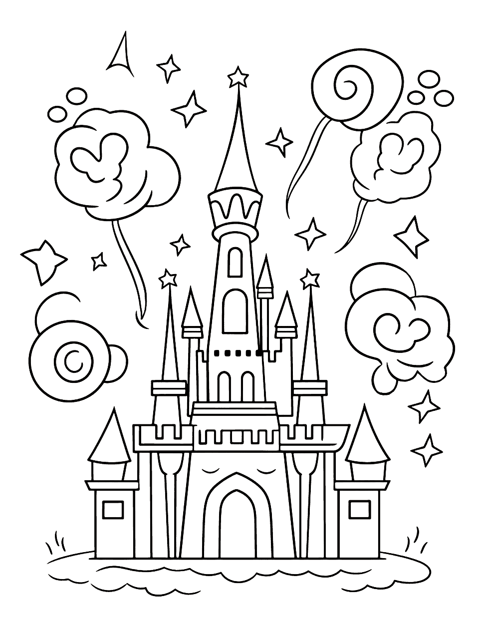 Disney Castle Celebration Happy Birthday Coloring Page - The iconic Disney Castle with fireworks exploding overhead in celebration of a birthday.