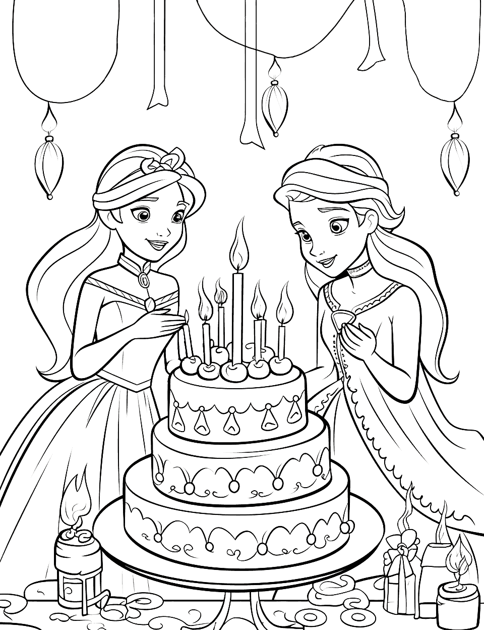 Frozen-themed Birthday Happy Coloring Page - Elsa and Anna preparing a birthday cake in their magical ice castle.