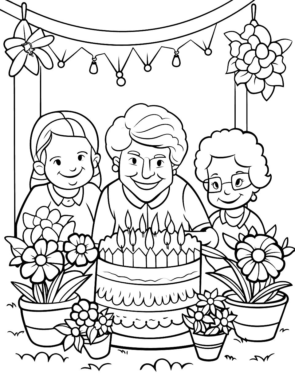 Grandma's Garden Birthday Happy Coloring Page - Grandma in her flower-filled garden, surrounded by family singing “Happy Birthday”.