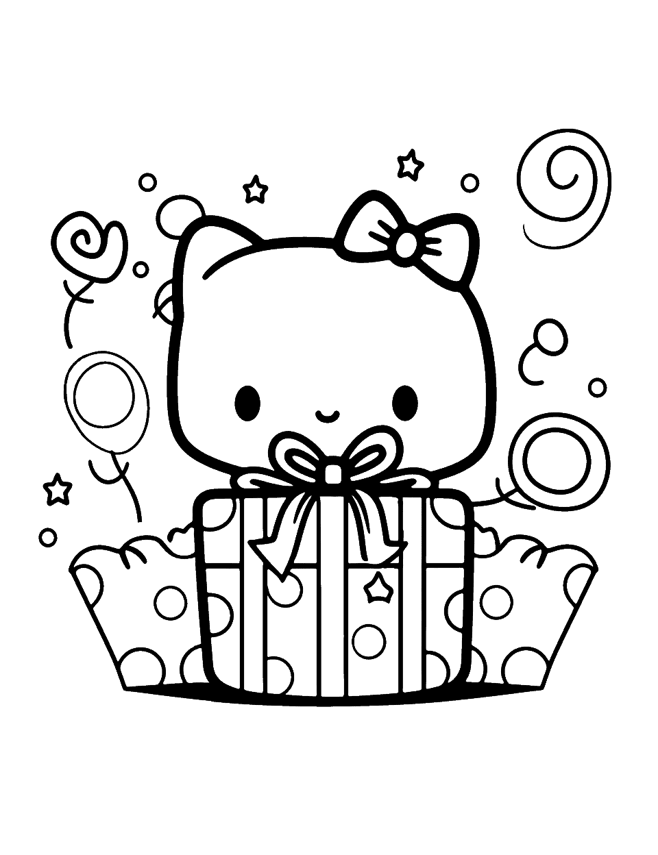 Hello Kitty's Birthday Surprise Happy Coloring Page - Hello Kitty is unwrapping a birthday present with her friends.