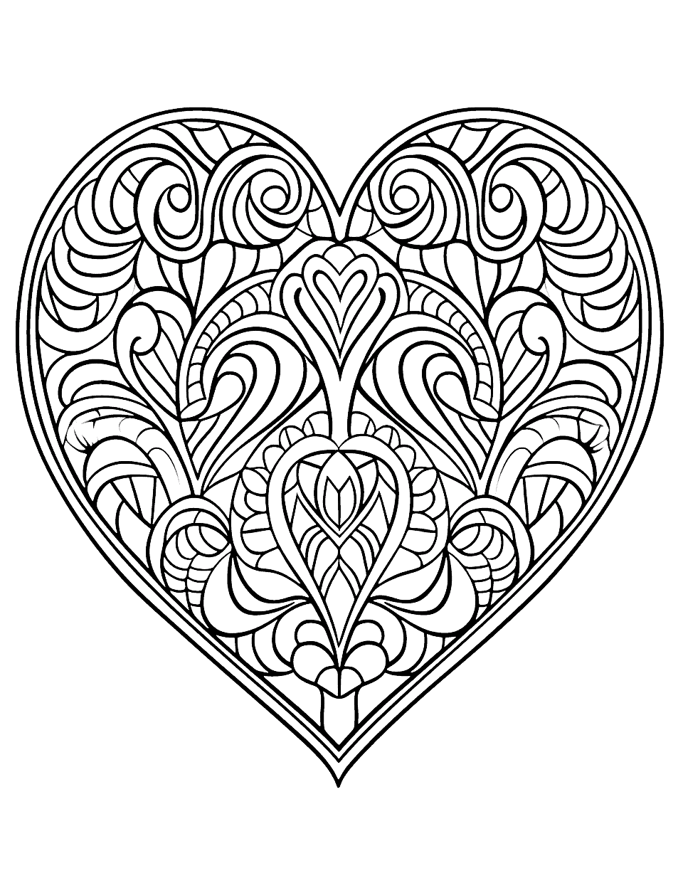 Fancy Heart Design Coloring Page - An ornate heart with fancy edges and decorative inner designs.