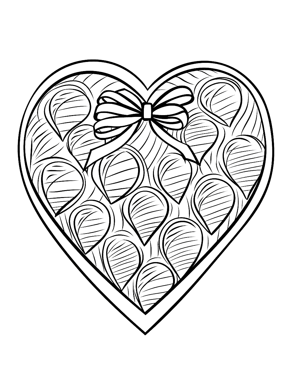 Valentine's Day Gift Heart Coloring Page - A heart-shaped box of chocolates with a love note tucked in it, celebrating the spirit of Valentine’s Day.