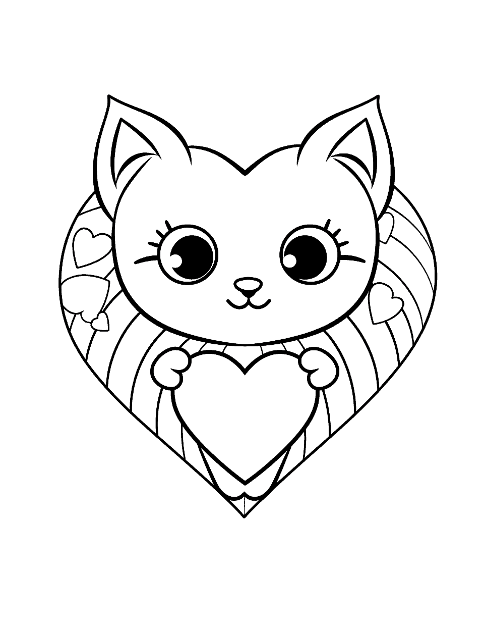 Cat Holding a Heart Coloring Page - A cute kitten holding a heart-shaped sign with its paw.