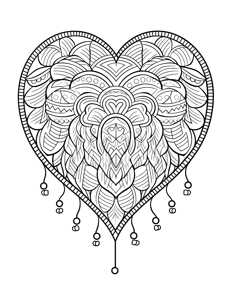 Dream Catcher Heart Coloring Page - A heart-shaped dream catcher with detailed feathers and beads.