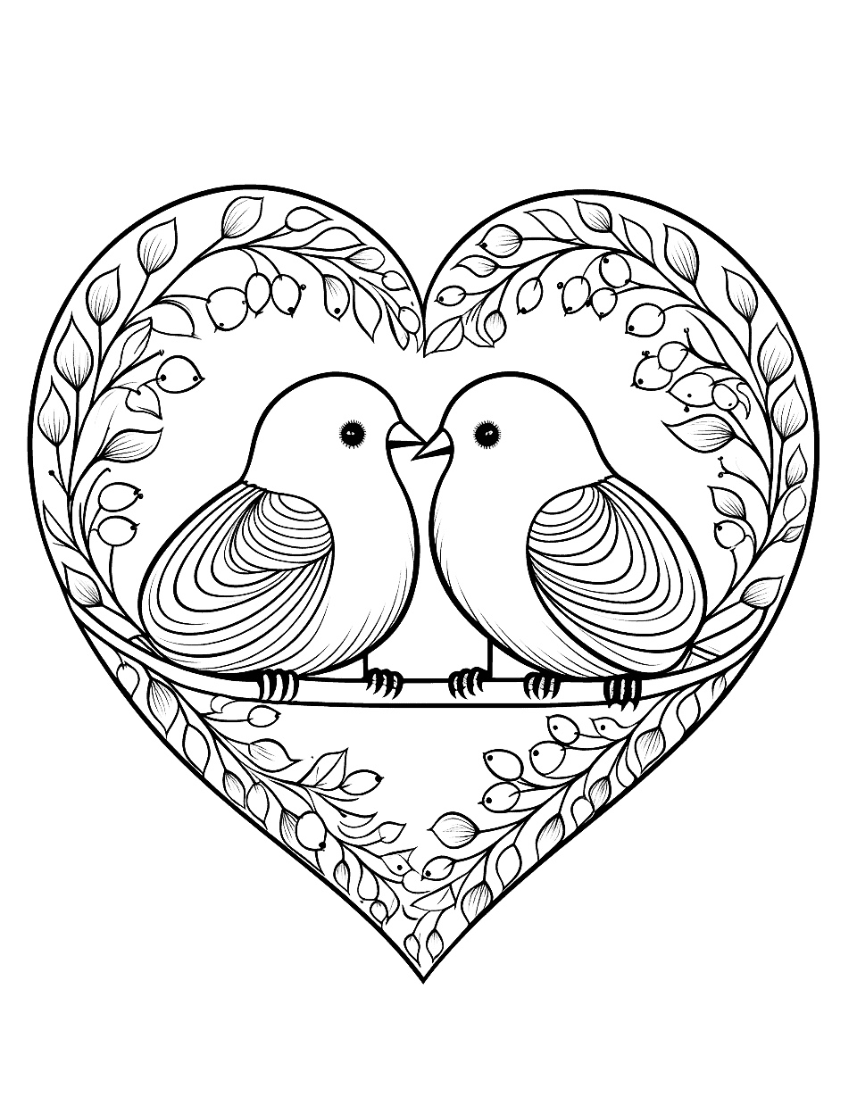 Love Birds Heart Coloring Page - Two birds forming a heart shape with their beaks.