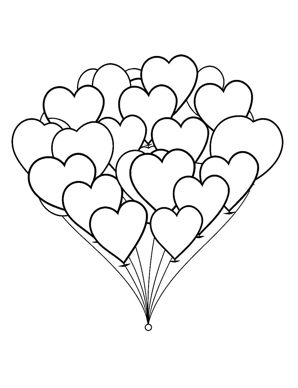 Balloons Heart Coloring Page - A bunch of heart-shaped balloons flying high in the sky.