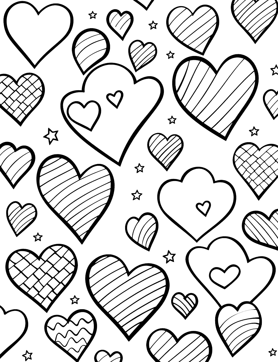 Hearts and Stars Coloring Page - A page full of hearts and stars intermixed, perfect for developing fine motor skills.