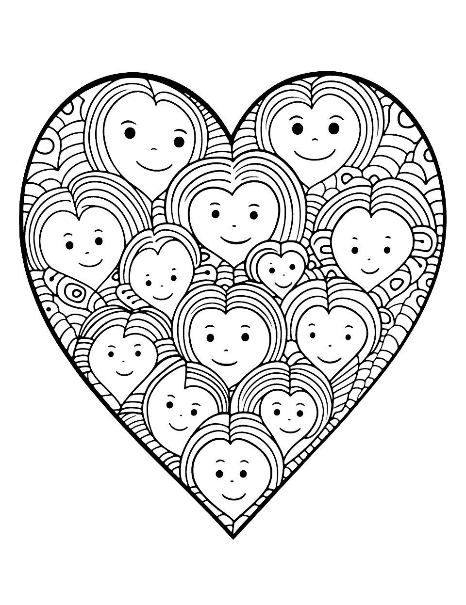 Heart Family Coloring Page - A picture of a family with heart-shaped faces.