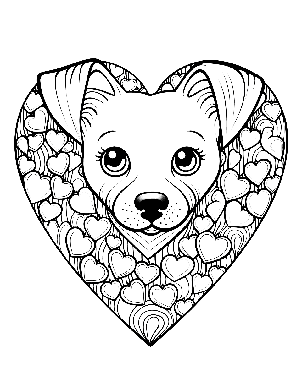 Puppy Love Heart Coloring Page - A cute puppy surrounded by hearts.